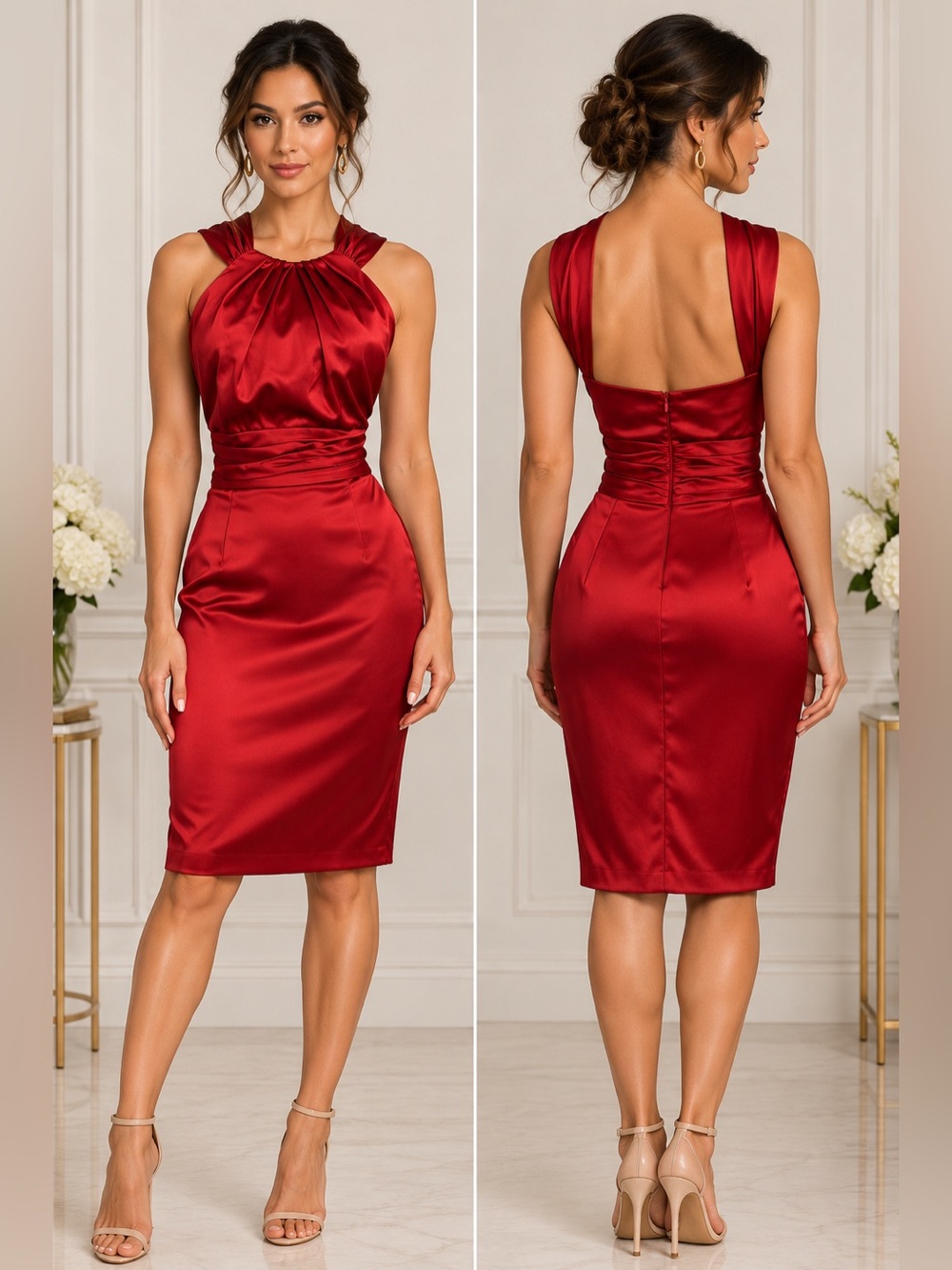 David Meister Red Satin Pleated Halter Cocktail Sheath Dress Size 6 HOCO Party